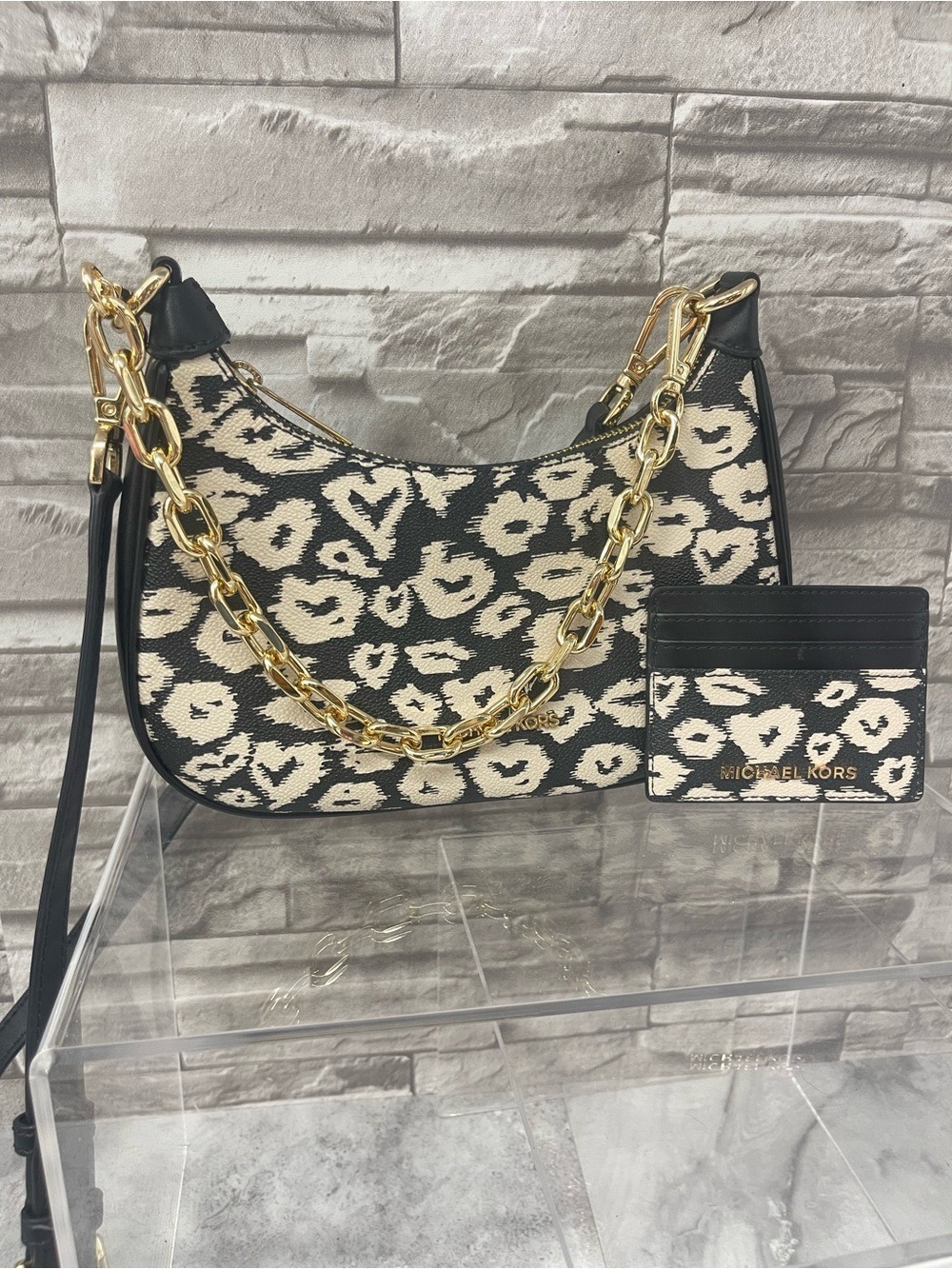 Michael Kors Cora Leopard/Heart Print Crossbody & Matching Wallet Black